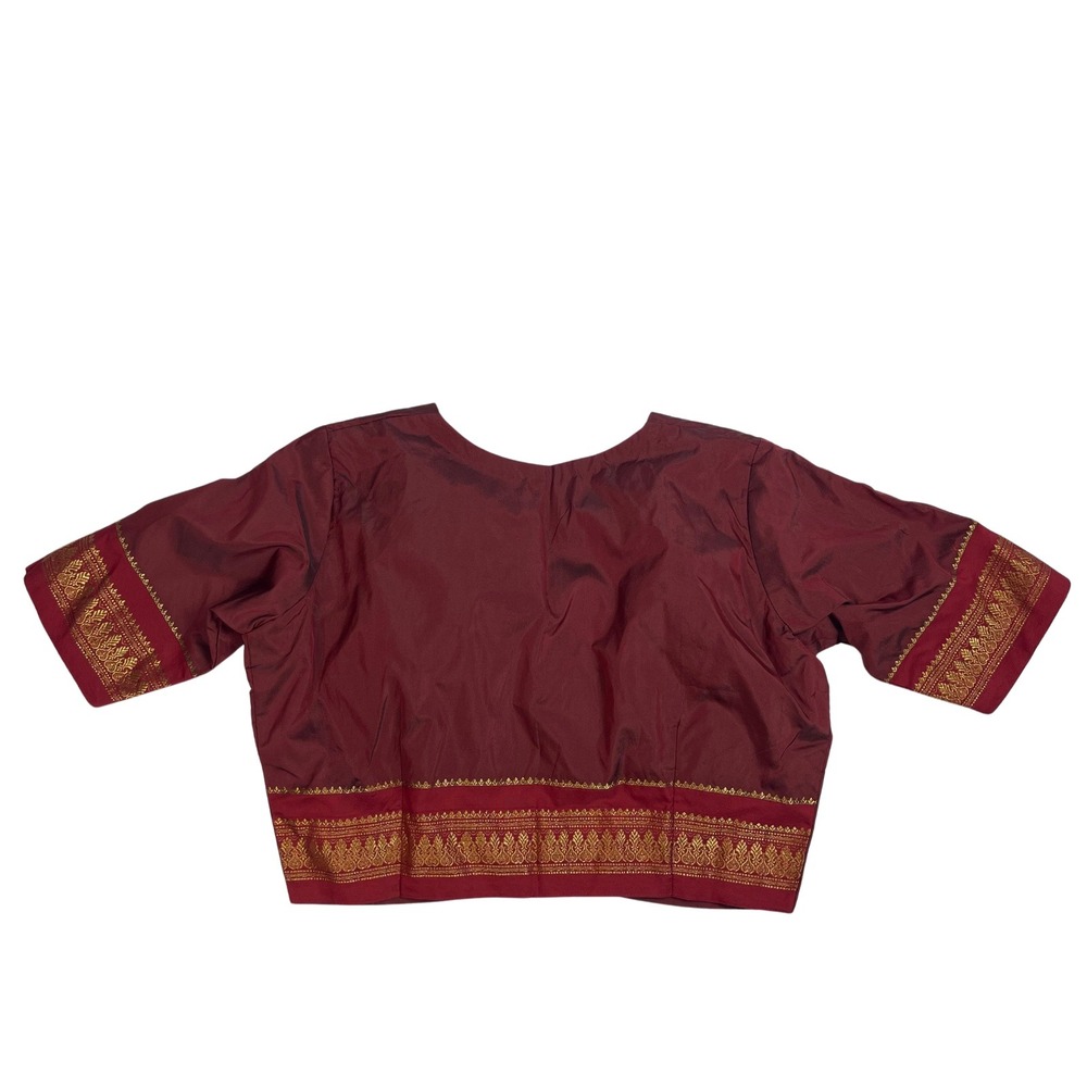 Maroon Silk Blend Blouse Short Sleeve Square Neck Gold‎ Trim Crop Top